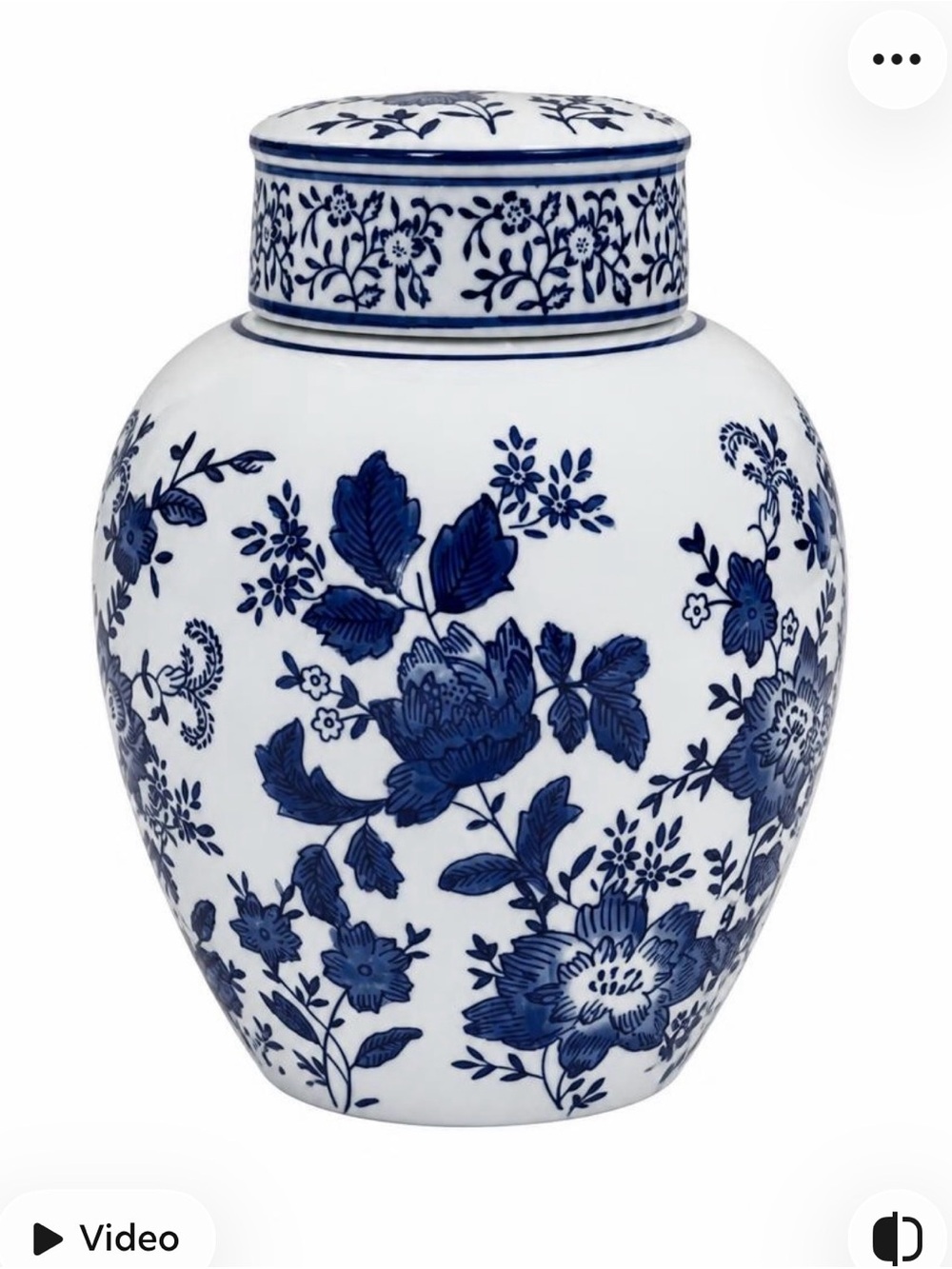 Blue and White Floral Porcelain Ginger Jar - Classic Home Accent - Picture 2 of 7